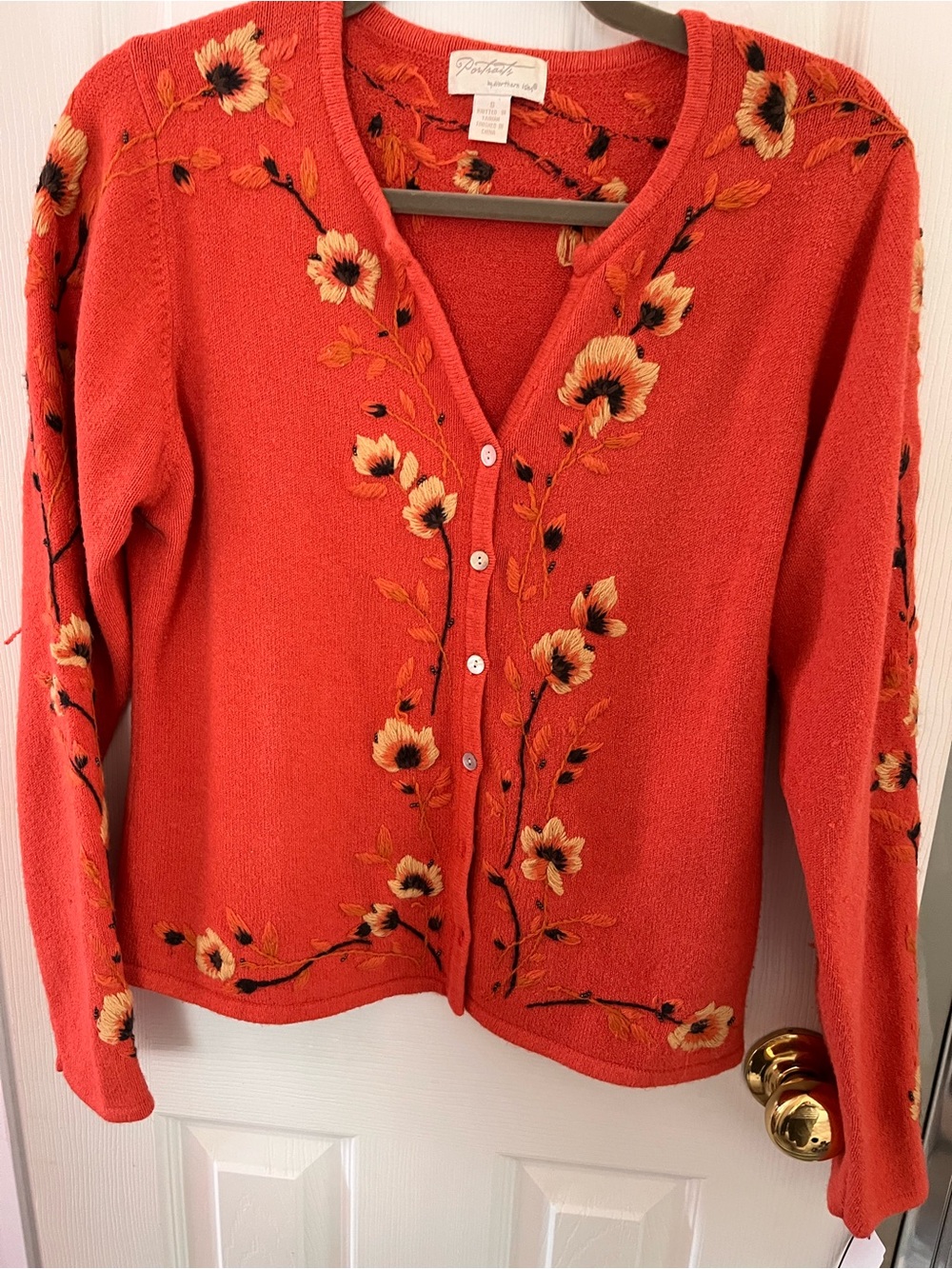 Orange Embroidered Knit sweater with Bead Detail. Womens small.